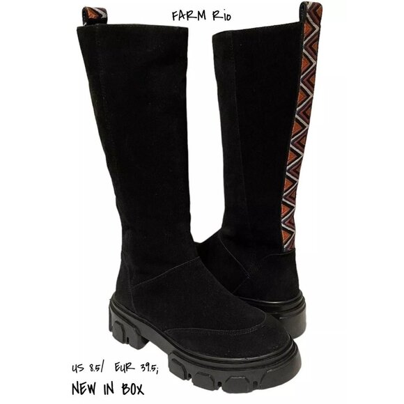 Farm Rio Knee High Suede Tall Boots with Lug Sole in Black, Size 8.5 New In Box - Picture 1 of 6